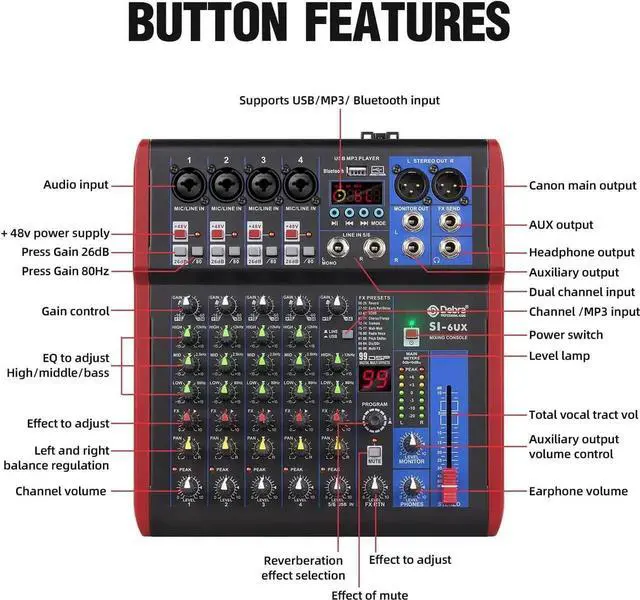 Alt view image 2 of 7 - SI Series Professional Portable Recording Mixer Audio with 99 DSP Digital Effects Mic Preamps and USB for DJ Mixer Console Karaoke Home Recording Studio (SI-6UX)