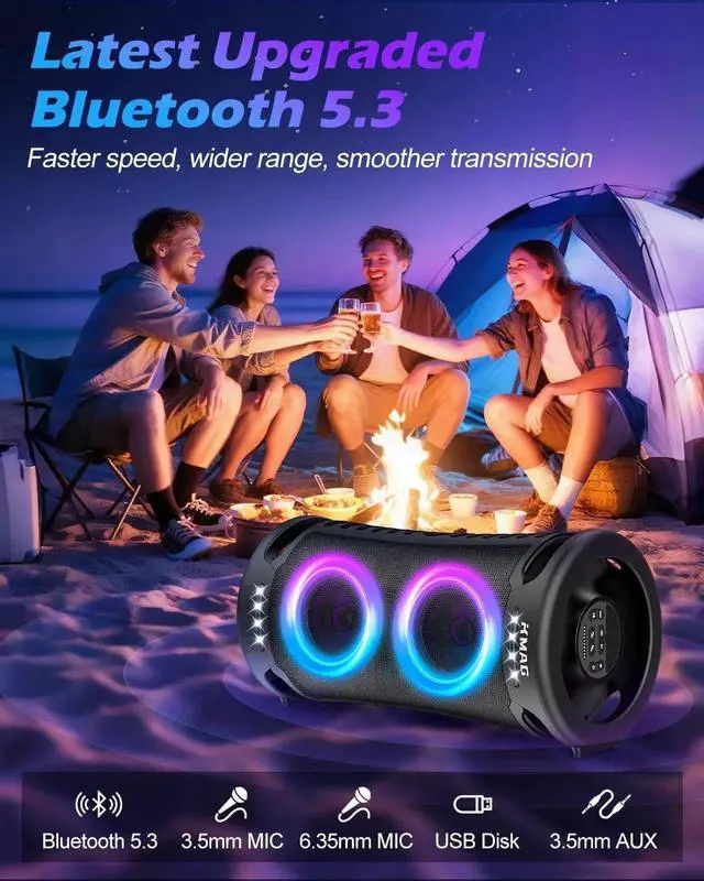 Alt view image 7 of 7 - Large uetooth Speaker, 260W Peak Powerful Loud Sound with Deep Bass, 15Hr Playtime, Fast Charge, TWS, Cool Lights, Portae Outdoor Speaker Wireless for Party, Caing, Beach, Backyard, Home, Work