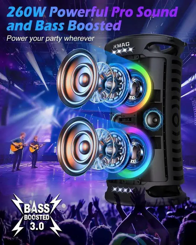Alt view image 2 of 7 - Large uetooth Speaker, 260W Peak Powerful Loud Sound with Deep Bass, 15Hr Playtime, Fast Charge, TWS, Cool Lights, Portae Outdoor Speaker Wireless for Party, Caing, Beach, Backyard, Home, Work