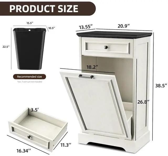 Alt view image 6 of 7 - 13 Gallons Tilt Out Trash Can Cabinet Hidden Kitchen Waste Bins Free Standing Recycling Trash Cabinets with Drawer Pet Proof Trash Can for Kitchen and Living Room, Antique White and Black