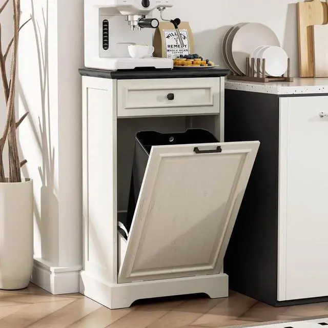 Alt view image 5 of 7 - 13 Gallons Tilt Out Trash Can Cabinet Hidden Kitchen Waste Bins Free Standing Recycling Trash Cabinets with Drawer Pet Proof Trash Can for Kitchen and Living Room, Antique White and Black