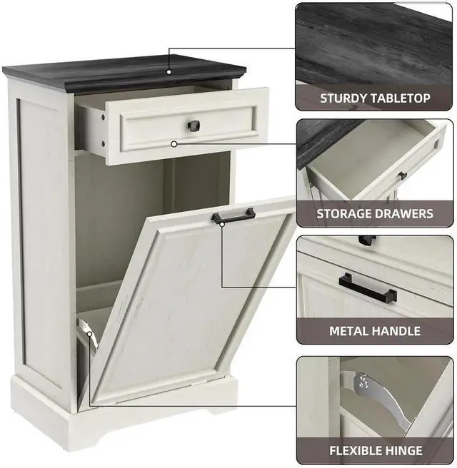 Main image of 13 Gallons Tilt Out Trash Can Cabinet Hidden Kitchen Waste Bins Free Standing Recycling Trash Cabinets with Drawer Pet Proof Trash Can for Kitchen and Living Room, Antique White and Black