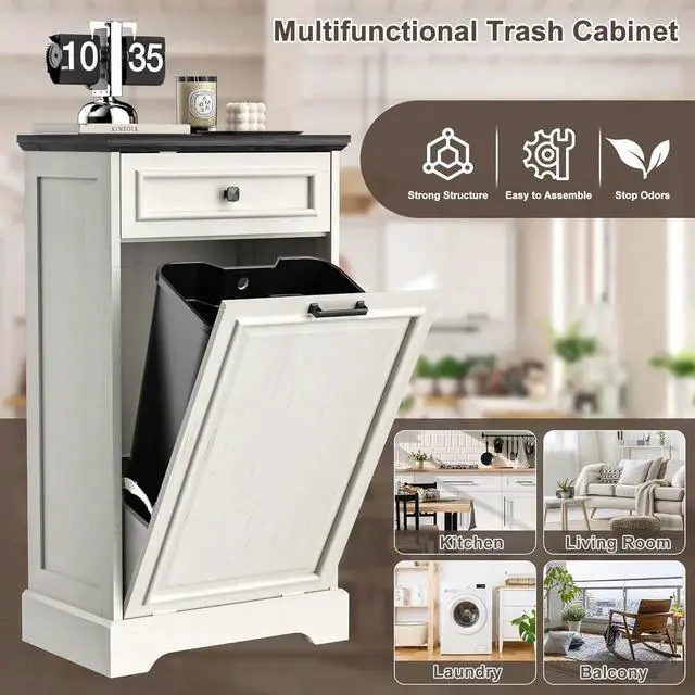 Alt view image 7 of 7 - 13 Gallons Tilt Out Trash Can Cabinet Hidden Kitchen Waste Bins Free Standing Recycling Trash Cabinets with Drawer Pet Proof Trash Can for Kitchen and Living Room, Antique White and Black