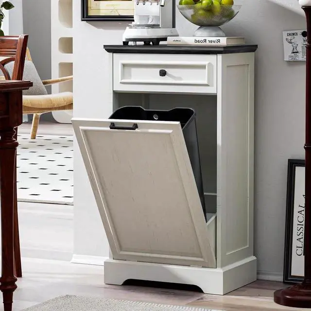 Alt view image 4 of 7 - 13 Gallons Tilt Out Trash Can Cabinet Hidden Kitchen Waste Bins Free Standing Recycling Trash Cabinets with Drawer Pet Proof Trash Can for Kitchen and Living Room, Antique White and Black