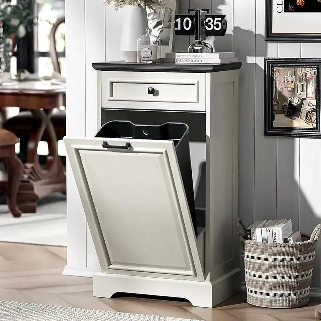Alt view image 2 of 7 - 13 Gallons Tilt Out Trash Can Cabinet Hidden Kitchen Waste Bins Free Standing Recycling Trash Cabinets with Drawer Pet Proof Trash Can for Kitchen and Living Room, Antique White and Black