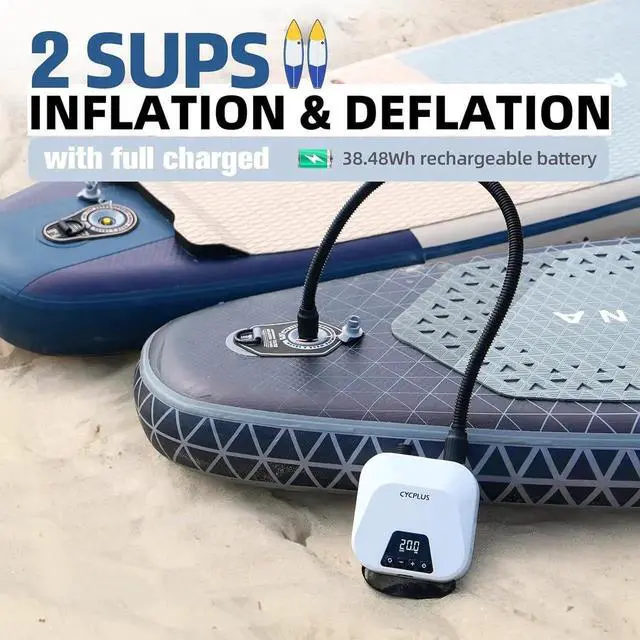Alt view image 4 of 7 - 20PSI High Pressure Smart SUP Air Pump, Rechargeable Battery-Powered, ligent Dual Stage Inflation & Deflation, Auto-Off Air Pump for Stand Up Paddle Boards,Surng Kite, Tent, Mattress