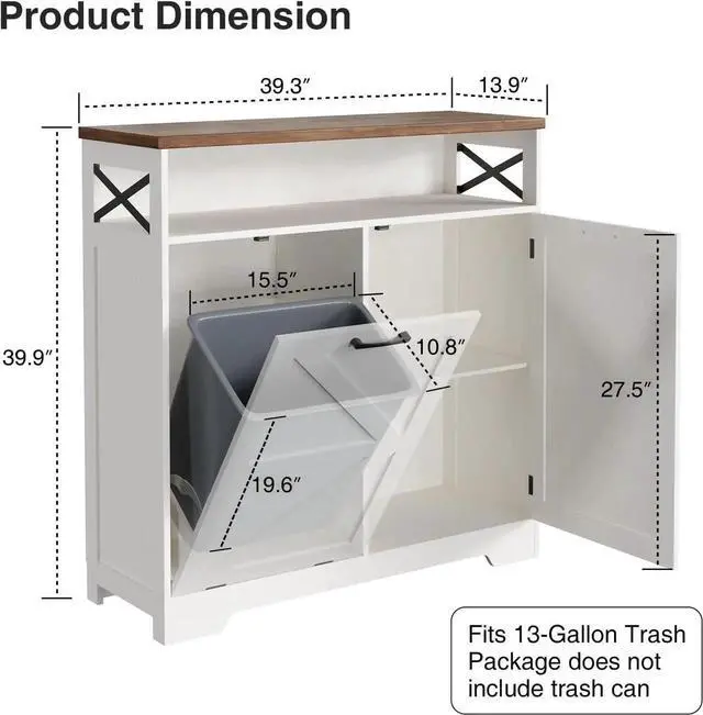 Alt view image 6 of 7 - Tilt Out Trash Can Cabinet for 13 * 1 Gallon Trash Can, Farmhouse Kitchen Island Cabinet with Adjustable Shelf for Hidden Laundry Basket, Dog Proof Garbage Can for Dining Living Room, White