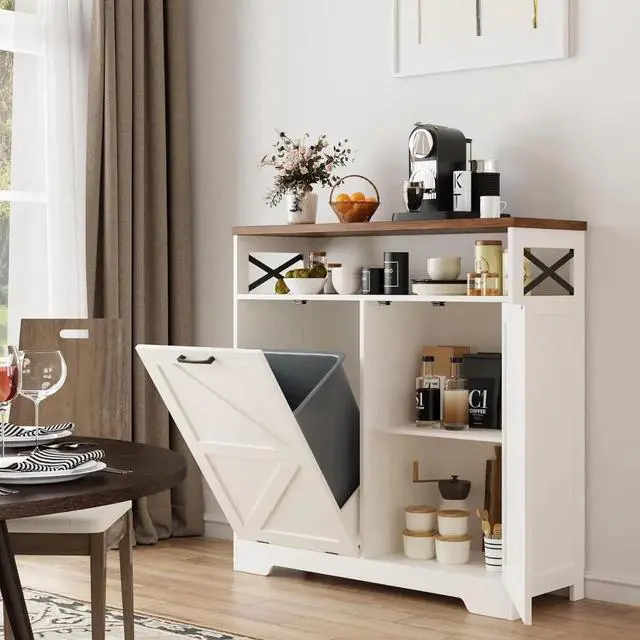 Alt view image 3 of 7 - Tilt Out Trash Can Cabinet for 13 * 1 Gallon Trash Can, Farmhouse Kitchen Island Cabinet with Adjustable Shelf for Hidden Laundry Basket, Dog Proof Garbage Can for Dining Living Room, White