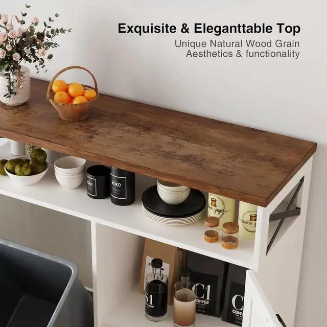 Alt view image 5 of 7 - Tilt Out Trash Can Cabinet for 13 * 1 Gallon Trash Can, Farmhouse Kitchen Island Cabinet with Adjustable Shelf for Hidden Laundry Basket, Dog Proof Garbage Can for Dining Living Room, White