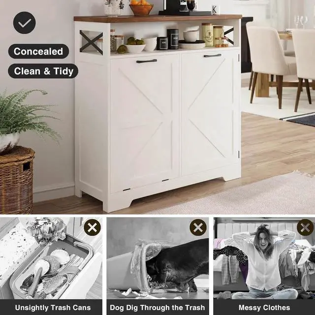 Alt view image 4 of 7 - Tilt Out Trash Can Cabinet for 13 * 1 Gallon Trash Can, Farmhouse Kitchen Island Cabinet with Adjustable Shelf for Hidden Laundry Basket, Dog Proof Garbage Can for Dining Living Room, White