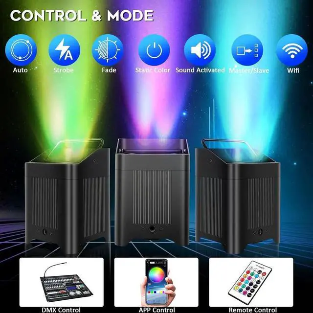 Alt view image 4 of 7 - Battery Powered Stage Lighting - 108W 6IN1 RGBWAUV HEX LED Battery Powered Par Light 9600mAh Rechargeable Remote APP DMX Control Uplighting for Event Church Stage Wedding DJ Disco Dance Party