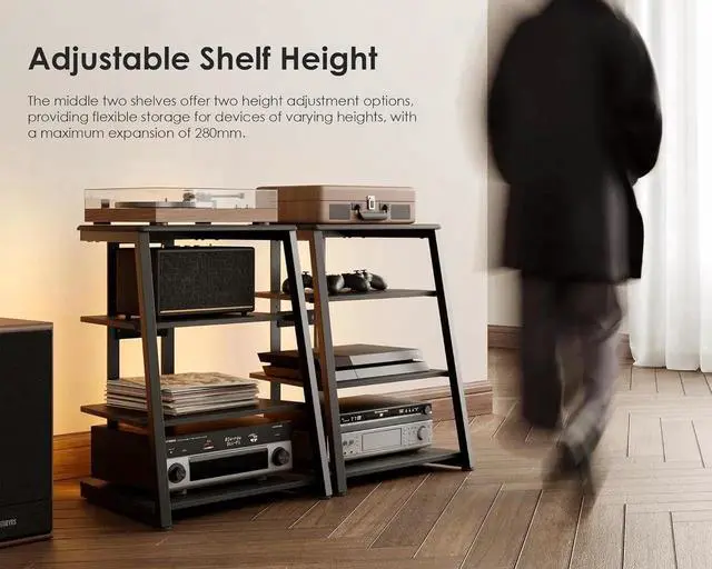 Alt view image 2 of 6 - Design Stereo Cabinet 4-Tier Media Cabinet with LED Backlight Integrated Power Wooden Media Stand with Adjust Shelves for Turnts Record Player Stereo Receiver CD Players AMP