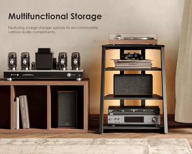 Alt view image 4 of 6 - Design Stereo Cabinet 4-Tier Media Cabinet with LED Backlight Integrated Power Wooden Media Stand with Adjust Shelves for Turnts Record Player Stereo Receiver CD Players AMP