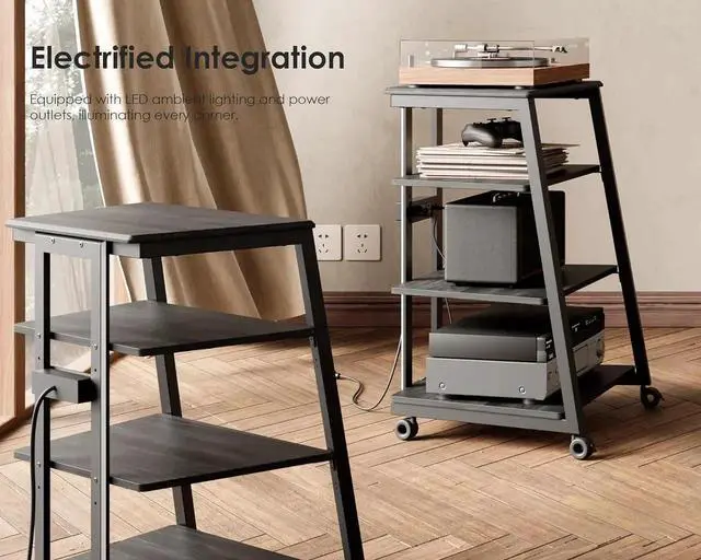 Alt view image 6 of 6 - Design Stereo Cabinet 4-Tier Media Cabinet with LED Backlight Integrated Power Wooden Media Stand with Adjust Shelves for Turnts Record Player Stereo Receiver CD Players AMP