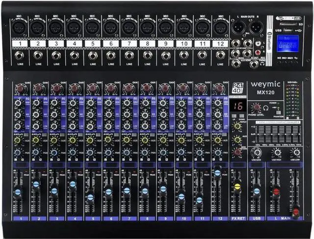 Main image of MX-120 Professional Mixer (12-Channel) for Recording DJ Stage Karaoke/W Graphic Equalizer and DSP Effector w/USB Drive for Recording Input, XLR Microphone Jack, 48V Power, RCA Output
