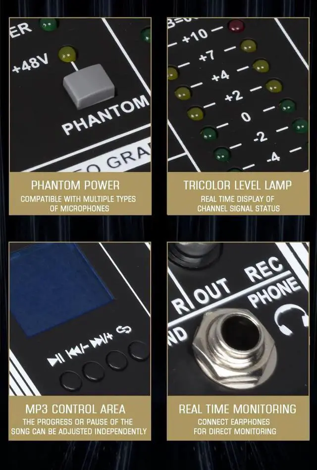 Alt view image 4 of 7 - MX-120 Professional Mixer (12-Channel) for Recording DJ Stage Karaoke/W Graphic Equalizer and DSP Effector w/USB Drive for Recording Input, XLR Microphone Jack, 48V Power, RCA Output