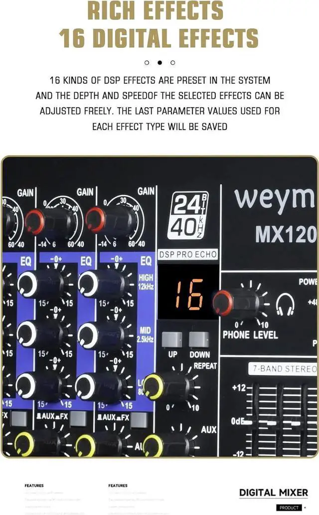 Alt view image 3 of 7 - MX-120 Professional Mixer (12-Channel) for Recording DJ Stage Karaoke/W Graphic Equalizer and DSP Effector w/USB Drive for Recording Input, XLR Microphone Jack, 48V Power, RCA Output