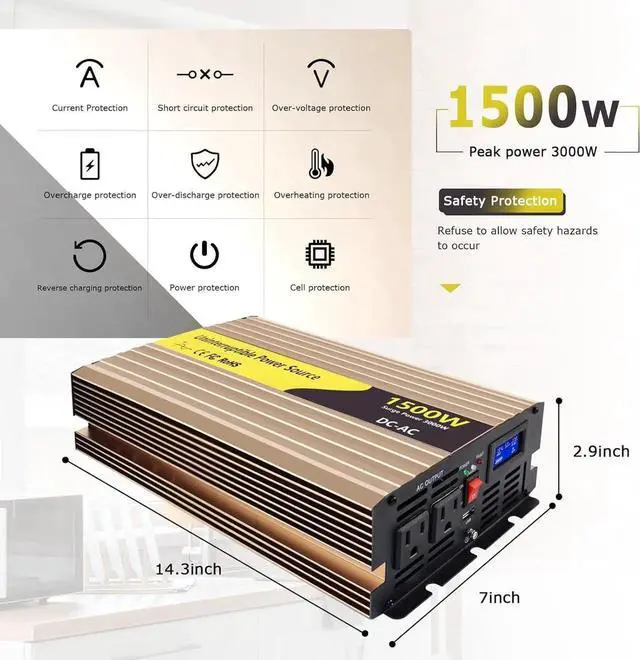 Alt view image 4 of 6 - 1500W Sump Pump Battery Backup Power System,Basment Protection Sump Pump Inverter with LCD Display and Automatic Battery Backup Switching for Basement Emergency and Power Outage Backup, (Gold)