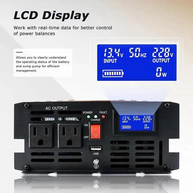 Alt view image 6 of 6 - 1500W Sump Pump Battery Backup Power System,Basment Protection Sump Pump Inverter with LCD Display and Automatic Battery Backup Switching for Basement Emergency and Power Outage Backup, (Gold)