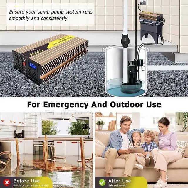 Alt view image 3 of 6 - 1500W Sump Pump Battery Backup Power System,Basment Protection Sump Pump Inverter with LCD Display and Automatic Battery Backup Switching for Basement Emergency and Power Outage Backup, (Gold)