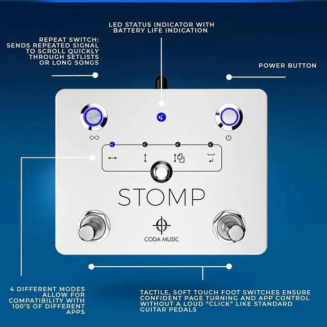 Alt view image 7 of 7 - STOMP Bluetooth Page Turner for Ipad & Tablets, Hands-Free Wireless Page Turner, Bluetooth Page Turner Pedal Compatible with IOS, Kindle Fire, iPhone, iPad, Mac and Android (White)