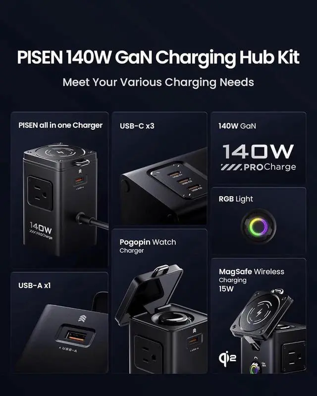 Alt view image 6 of 7 - 8-in-1 Mag-Safe Charger Stand - 140W Charging Station for Multiple Devices Mag-Safe Stand Magnetic Qi2 Wireless Charger for iPhone 16/15/14/13/12 Series, Magnetic Charger for Apple Watch