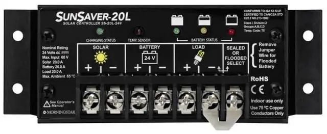 Main image of Morningstar SunSaver 20A PWM Solar Charge Controller (SS-20L-24V) - Solar Panel Regulator for 24V Batteries, Four Stage Battery Charging, LVD, HazLoc Rated, Low Noise, 5 Year WTY - Designed in the USA