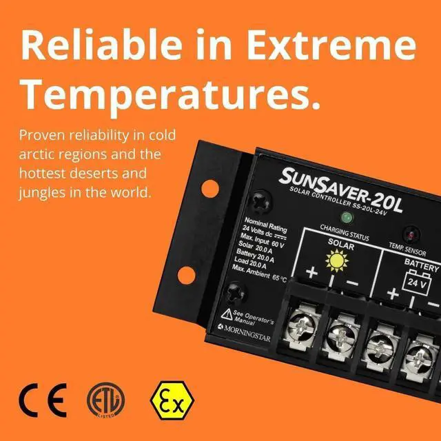 Alt view image 4 of 6 - Morningstar SunSaver 20A PWM Solar Charge Controller (SS-20L-24V) - Solar Panel Regulator for 24V Batteries, Four Stage Battery Charging, LVD, HazLoc Rated, Low Noise, 5 Year WTY - Designed in the USA