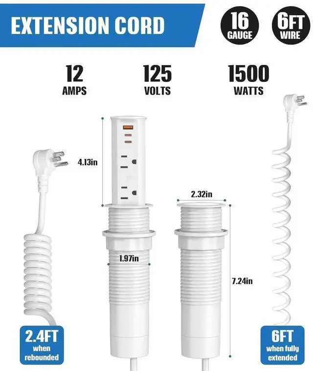 Alt view image 4 of 7 - 2 inch Space Saver Pop Up Outlet for Countertop with Retractable Cord,20W USB Ports,Tamper Resistant Outlets,Splashproof Socket,Desk Power Grommet Home Office Kitchen