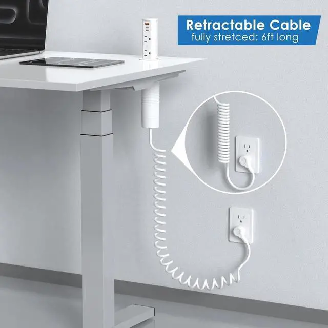 Alt view image 5 of 7 - 2 inch Space Saver Pop Up Outlet for Countertop with Retractable Cord,20W USB Ports,Tamper Resistant Outlets,Splashproof Socket,Desk Power Grommet Home Office Kitchen