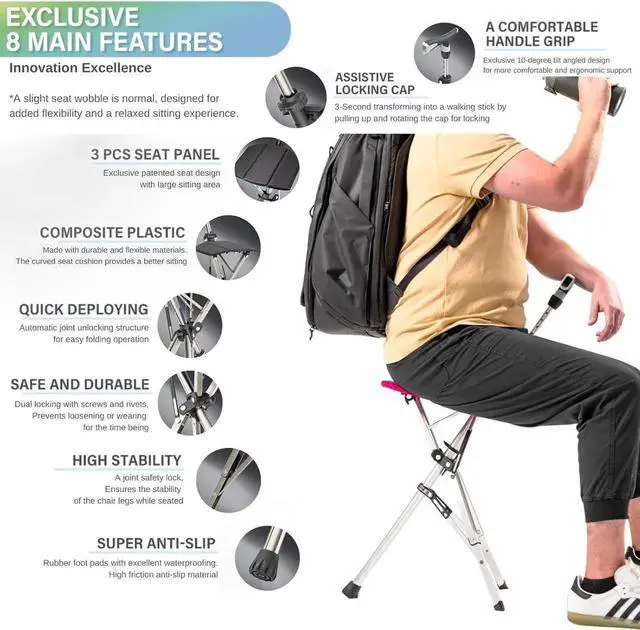 Alt view image 2 of 7 - Ta-Da Chair Series 1 Pro, Portable Trekking Hiking Pole, Folding Walking Stick with Seat, Walking Cane with Chair, Foldable Chair, Lightweight Aluminum, Easy Carry and Storage, Anti-Slip