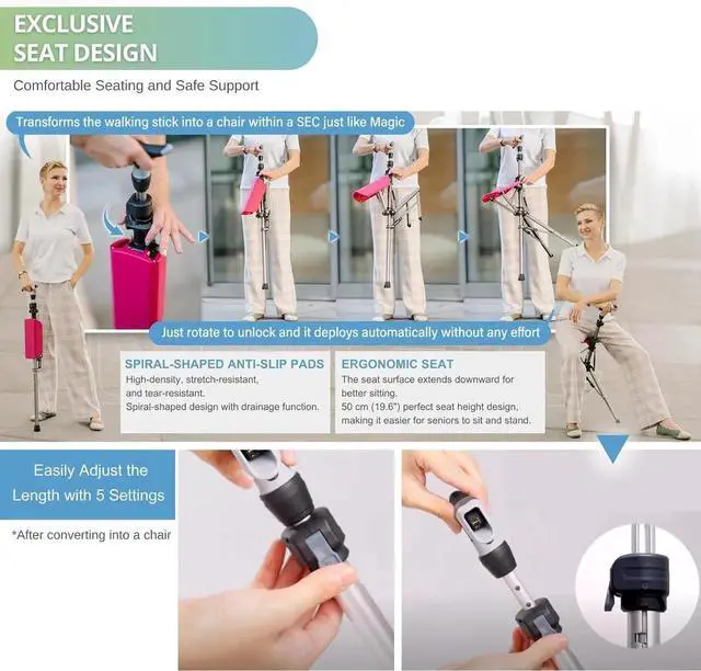 Alt view image 3 of 7 - Ta-Da Chair Series 1 Pro, Portable Trekking Hiking Pole, Folding Walking Stick with Seat, Walking Cane with Chair, Foldable Chair, Lightweight Aluminum, Easy Carry and Storage, Anti-Slip