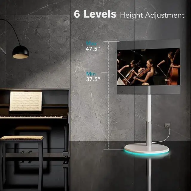 Alt view image 4 of 7 - Floor Mobile TV Stand with Power Outlet, Rolling TV Cart for 27-65 Inch OLED LED Monitors, 6 Levels of Height Adjustment, Ambient Lighting on The Bottom Wheels Holds up to 88lbs, 400x400mm