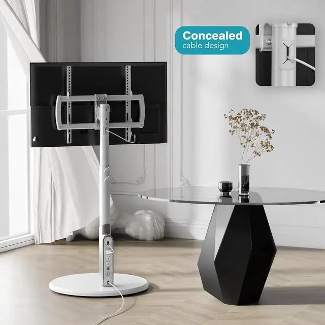 Alt view image 2 of 7 - Floor Mobile TV Stand with Power Outlet, Rolling TV Cart for 27-65 Inch OLED LED Monitors, 6 Levels of Height Adjustment, Ambient Lighting on The Bottom Wheels Holds up to 88lbs, 400x400mm