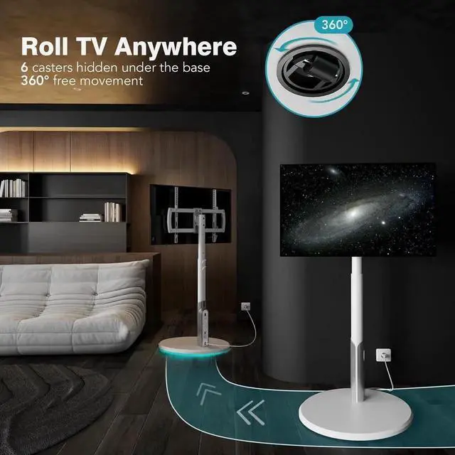 Alt view image 7 of 7 - Floor Mobile TV Stand with Power Outlet, Rolling TV Cart for 27-65 Inch OLED LED Monitors, 6 Levels of Height Adjustment, Ambient Lighting on The Bottom Wheels Holds up to 88lbs, 400x400mm