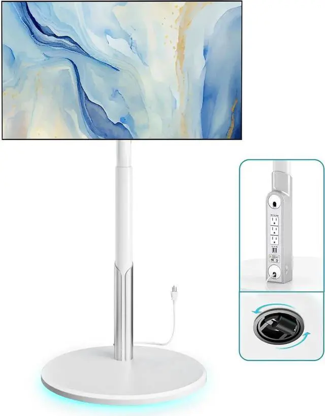 Main image of Floor Mobile TV Stand with Power Outlet, Rolling TV Cart for 27-65 Inch OLED LED Monitors, 6 Levels of Height Adjustment, Ambient Lighting on The Bottom Wheels Holds up to 88lbs, 400x400mm