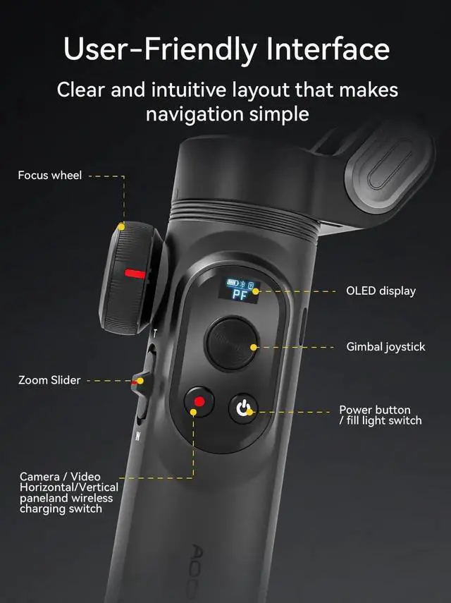 Alt view image 2 of 6 - Gimbal Stabilizer for iPhone with AI Vision Sensor for Face Tracking, 3-Axis Phone Gimbal w/OLED Display for Vlog Recording, Compatible with iPhone/Android-Smart XPro AI Black