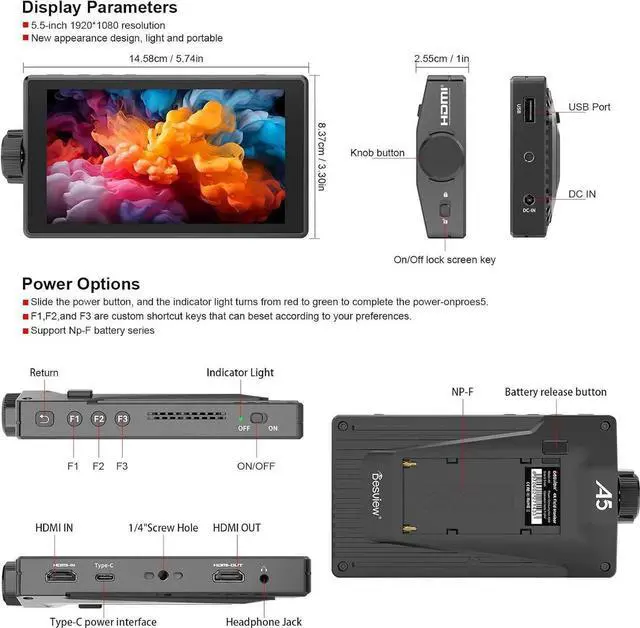 Alt view image 6 of 7 - Camera Monitor 4K HDMI HDR with 5.5 Inch IPS Touchscreen & 3D LUT, DSLR Camera Field Monitor/External Monitor for Filming Site Setu