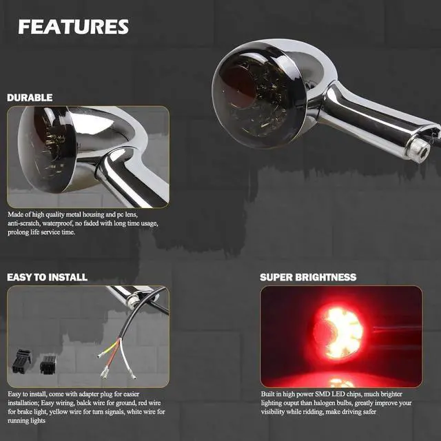 Alt view image 5 of 6 - Chrome Bullet Rear LED Turn Signals, Motorcycle Brake Taillights 12V Tail Lights Compatible with Halrey Sportster 1200 883 Softail Fatboy 1990-2024