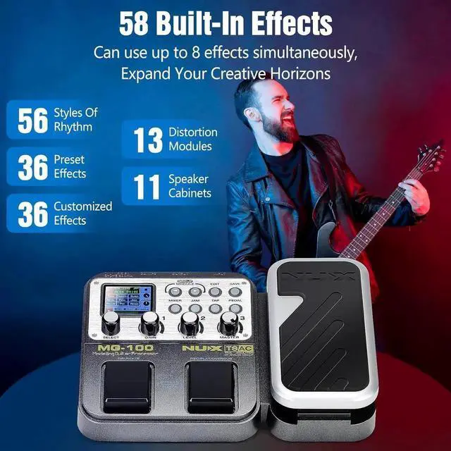 Alt view image 5 of 7 - MG-100 Professional Multi Effects Guitar Pedal, Electric Guitar Effects Pedal with 58 Effects, Guitar Effects Processor with Wah Pedal for Sound Di Electric Guitar Bass Loop Alifier Tube Pedal