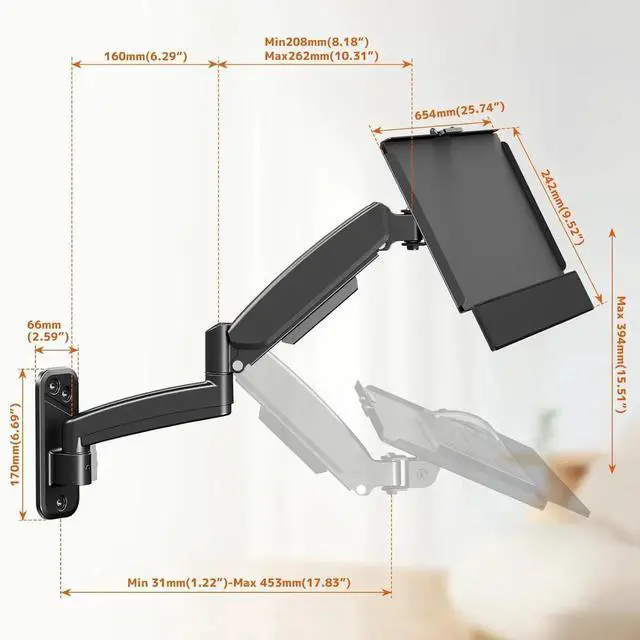 Alt view image 4 of 7 - Keyboard Tray Wall Mount,Sit-Stand 26 Inch Keyboard and Mouse Stand,Height Adjustable Typing Platform,360 Degree Rotation, Holds up to 19.8 lbs, Black