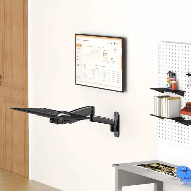 Alt view image 5 of 7 - Keyboard Tray Wall Mount,Sit-Stand 26 Inch Keyboard and Mouse Stand,Height Adjustable Typing Platform,360 Degree Rotation, Holds up to 19.8 lbs, Black