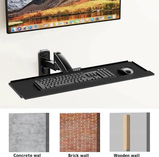 Alt view image 7 of 7 - Keyboard Tray Wall Mount,Sit-Stand 26 Inch Keyboard and Mouse Stand,Height Adjustable Typing Platform,360 Degree Rotation, Holds up to 19.8 lbs, Black