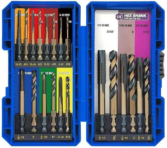 Main image of Drill and Tap Set 20pc - Hex Shank Bits & Thread Taps for Metal | MRO Industrial Use Quick-Change Combination tap 6-32UNC to 1/2"-13UNC Impact Driver