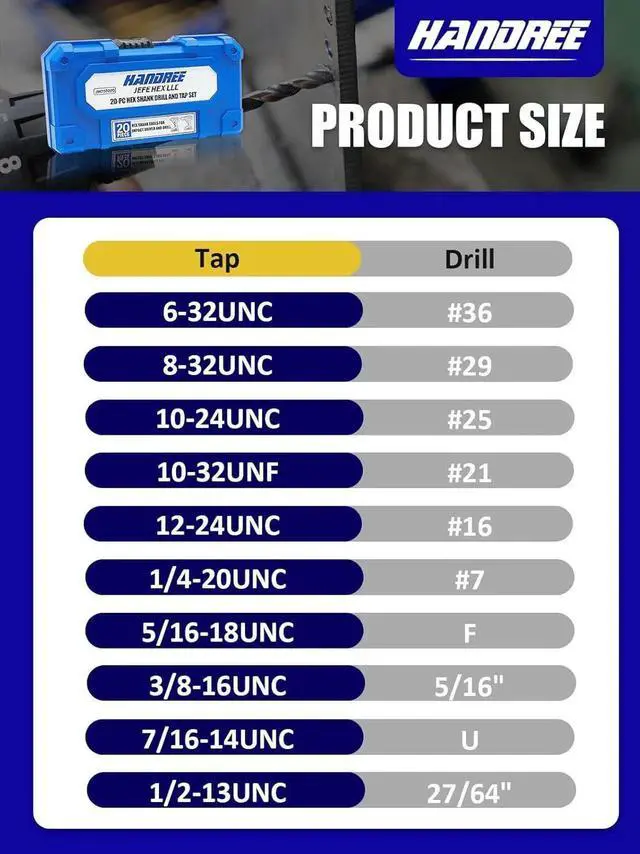 Alt view image 2 of 6 - Drill and Tap Set 20pc - Hex Shank Bits & Thread Taps for Metal | MRO Industrial Use Quick-Change Combination tap 6-32UNC to 1/2"-13UNC Impact Driver