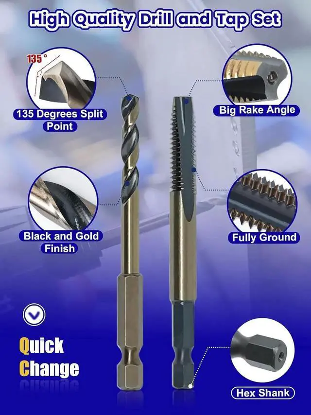 Alt view image 3 of 6 - Drill and Tap Set 20pc - Hex Shank Bits & Thread Taps for Metal | MRO Industrial Use Quick-Change Combination tap 6-32UNC to 1/2"-13UNC Impact Driver