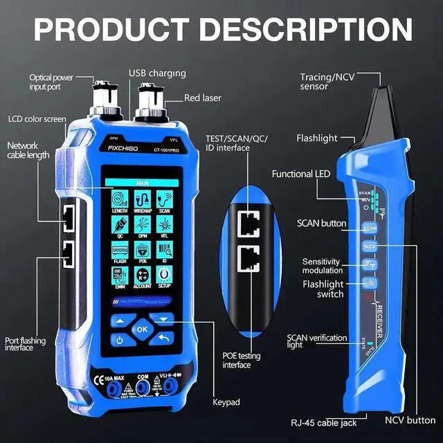 Alt view image 6 of 7 - 11 In 1 Network Cable Tester with 60000 Digit Multimeter 7 Wavelengths OPM 10Km/10mW VFL 600M Measurable Length 100 Records Tool Kit for CAT5 CAT6 Telephone Ethernet RJ11 RJ45 PoE Wire Tracer NCV,Blue