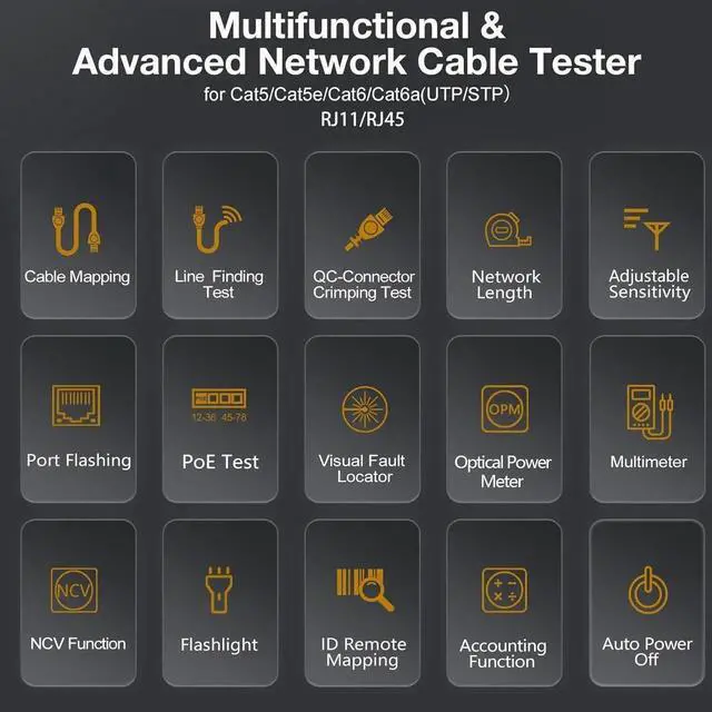 Alt view image 2 of 7 - 11 In 1 Network Cable Tester with 60000 Digit Multimeter 7 Wavelengths OPM 10Km/10mW VFL 600M Measurable Length 100 Records Tool Kit for CAT5 CAT6 Telephone Ethernet RJ11 RJ45 PoE Wire Tracer NCV,Blue