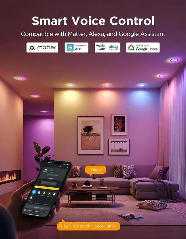 Alt view image 2 of 7 - Smart Recessed Lighting 6 Inch, Matter RGBIC LED Recessed Light Work with Alexa, Google Assistant, Dimmable 1100LM Canless Downlight with Junction Box for Living Room, Bedroom, Kitchen 4 Pack