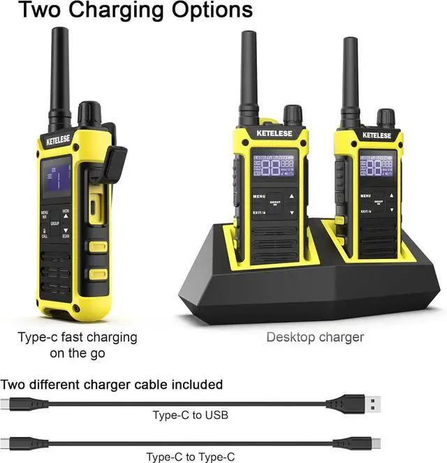 Alt view image 3 of 7 - T3F IP67 Waterproof Walkie Talkies, FRS Two Way Radio with Earpiece, Triple Proof, Three Charging Options, USB/Type C Radio, NOAA, VOX (2 Pack), Black/Yellow